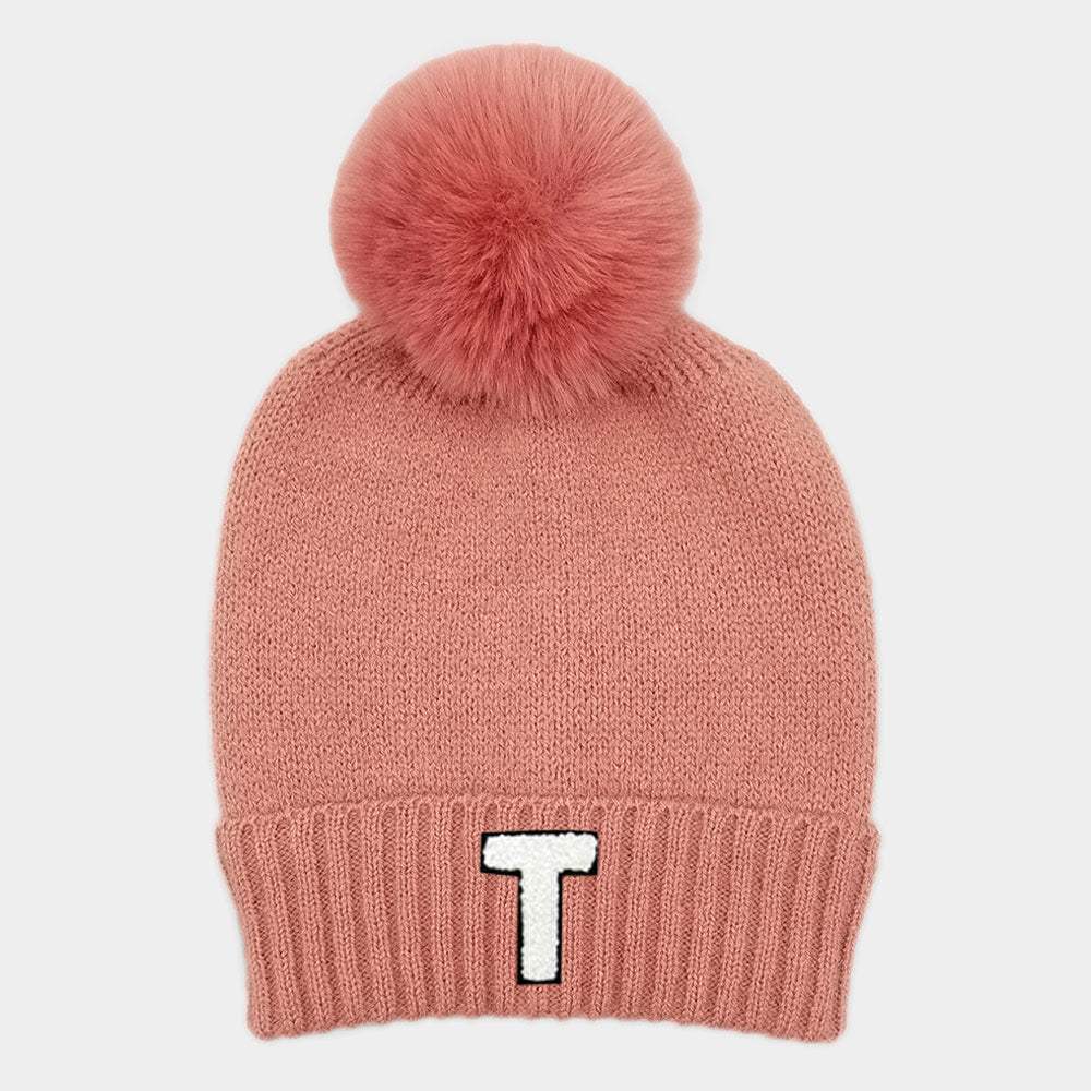 -T- Initial Monogram Faux Fur Pom Pom Knit Beanie Hat - Madeline Love - Flyclothing LLC