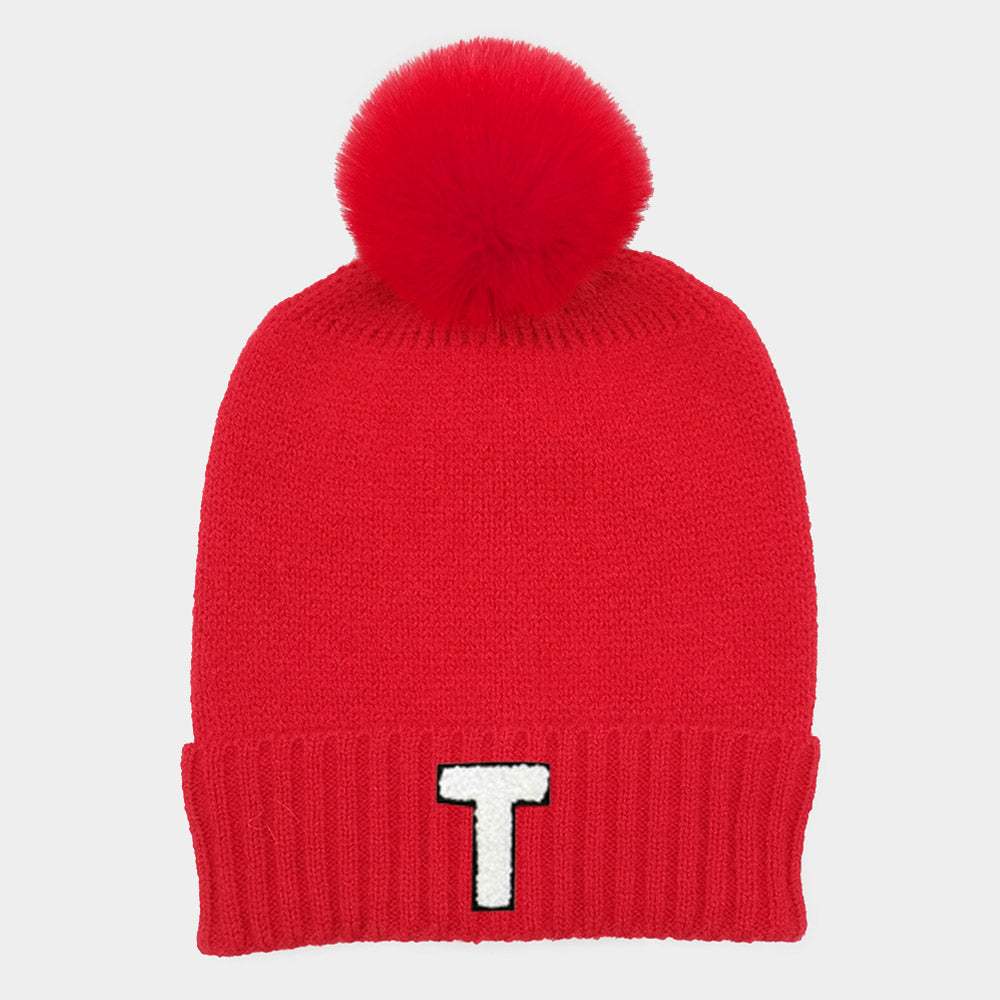 -T- Initial Monogram Faux Fur Pom Pom Knit Beanie Hat - Madeline Love - Flyclothing LLC