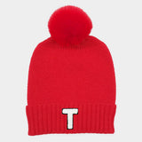 -T- Initial Monogram Faux Fur Pom Pom Knit Beanie Hat - Madeline Love - Flyclothing LLC
