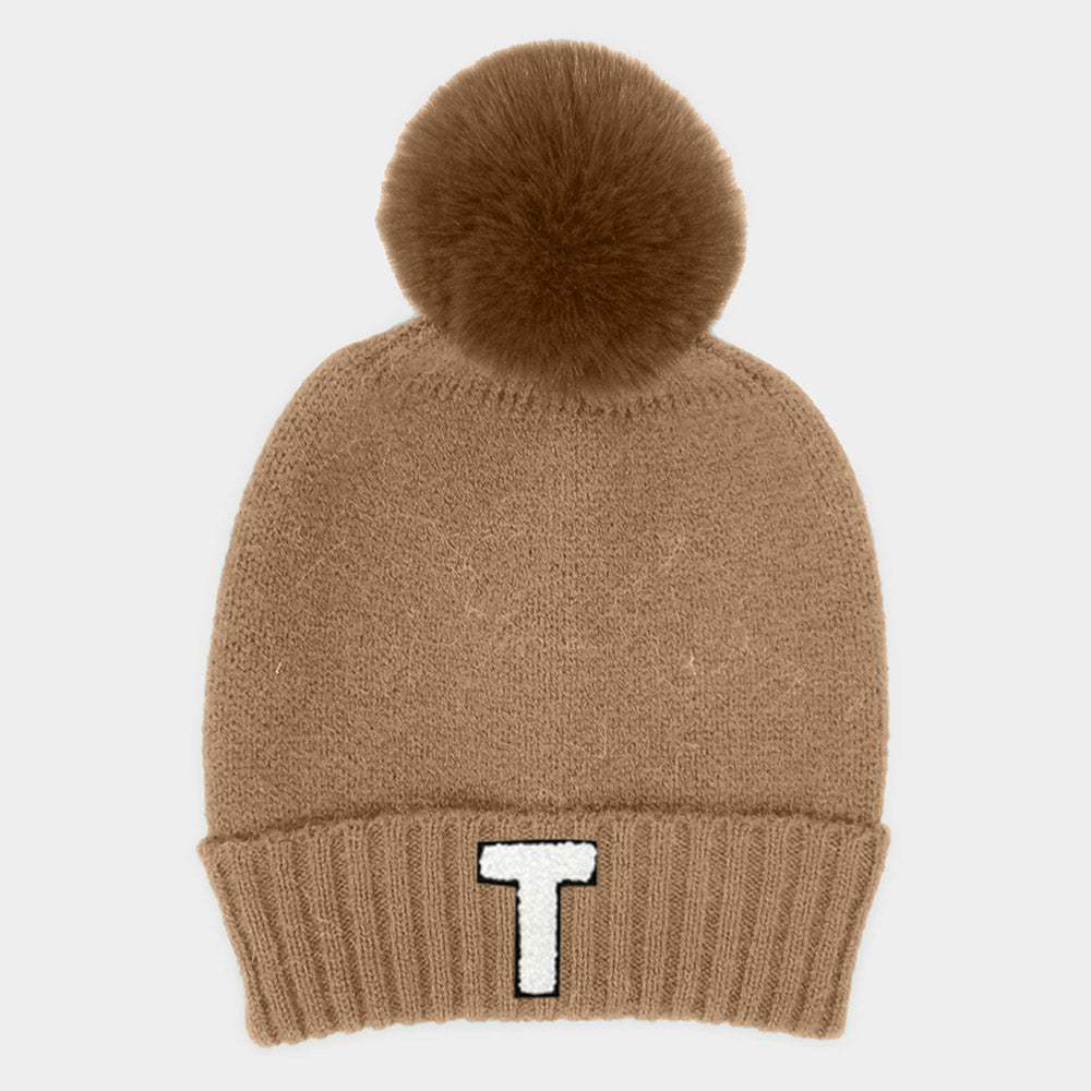 -T- Initial Monogram Faux Fur Pom Pom Knit Beanie Hat - Madeline Love - Flyclothing LLC