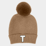 -T- Initial Monogram Faux Fur Pom Pom Knit Beanie Hat - Madeline Love - Flyclothing LLC