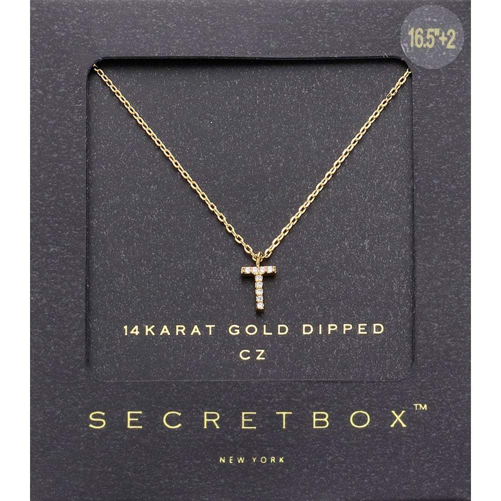 -T- Secret Box 14K Gold Dipped Cubic Zirconia Initial Monogram Pendant Necklace - Madeline Love - Flyclothing LLC
