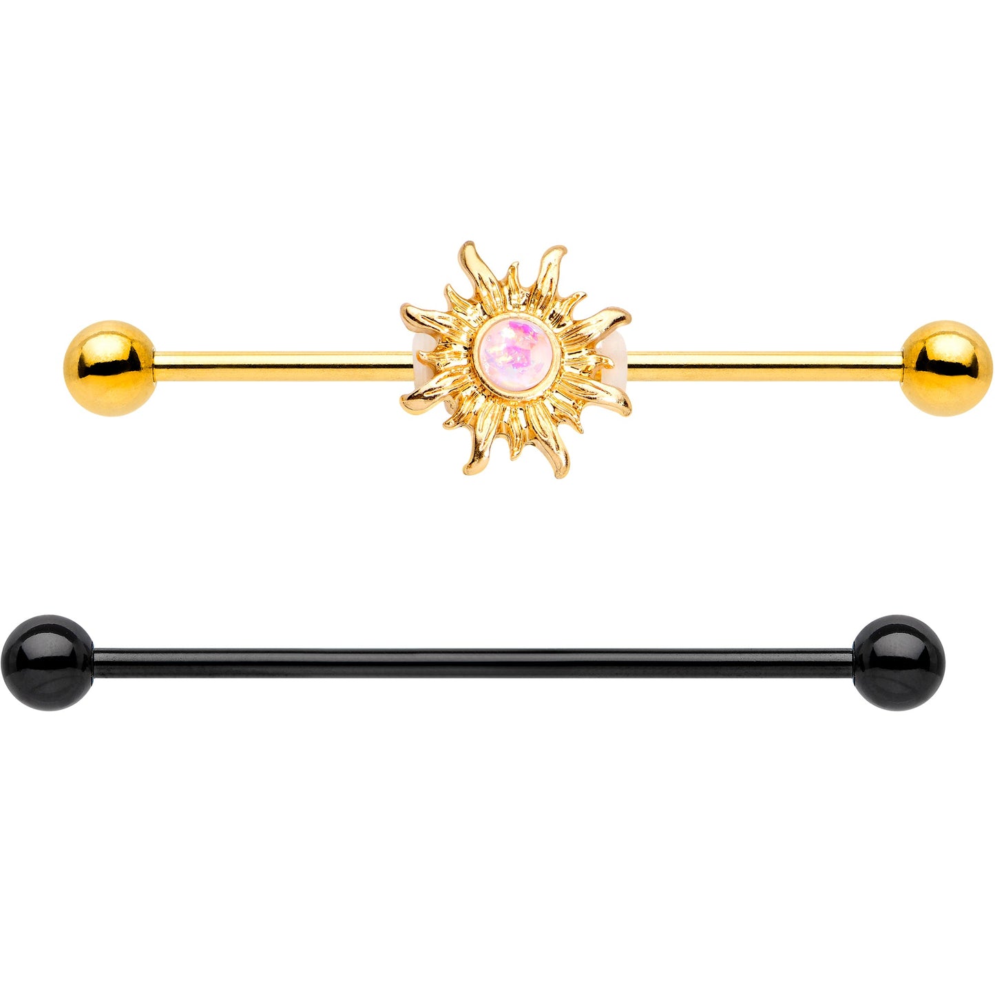 14G Faux Opal Black Gold Tone Sun Industrial Barbell 38mm Set of 2 - BodyCandy - Flyclothing LLC
