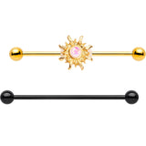14G Faux Opal Black Gold Tone Sun Industrial Barbell 38mm Set of 2 - BodyCandy - Flyclothing LLC