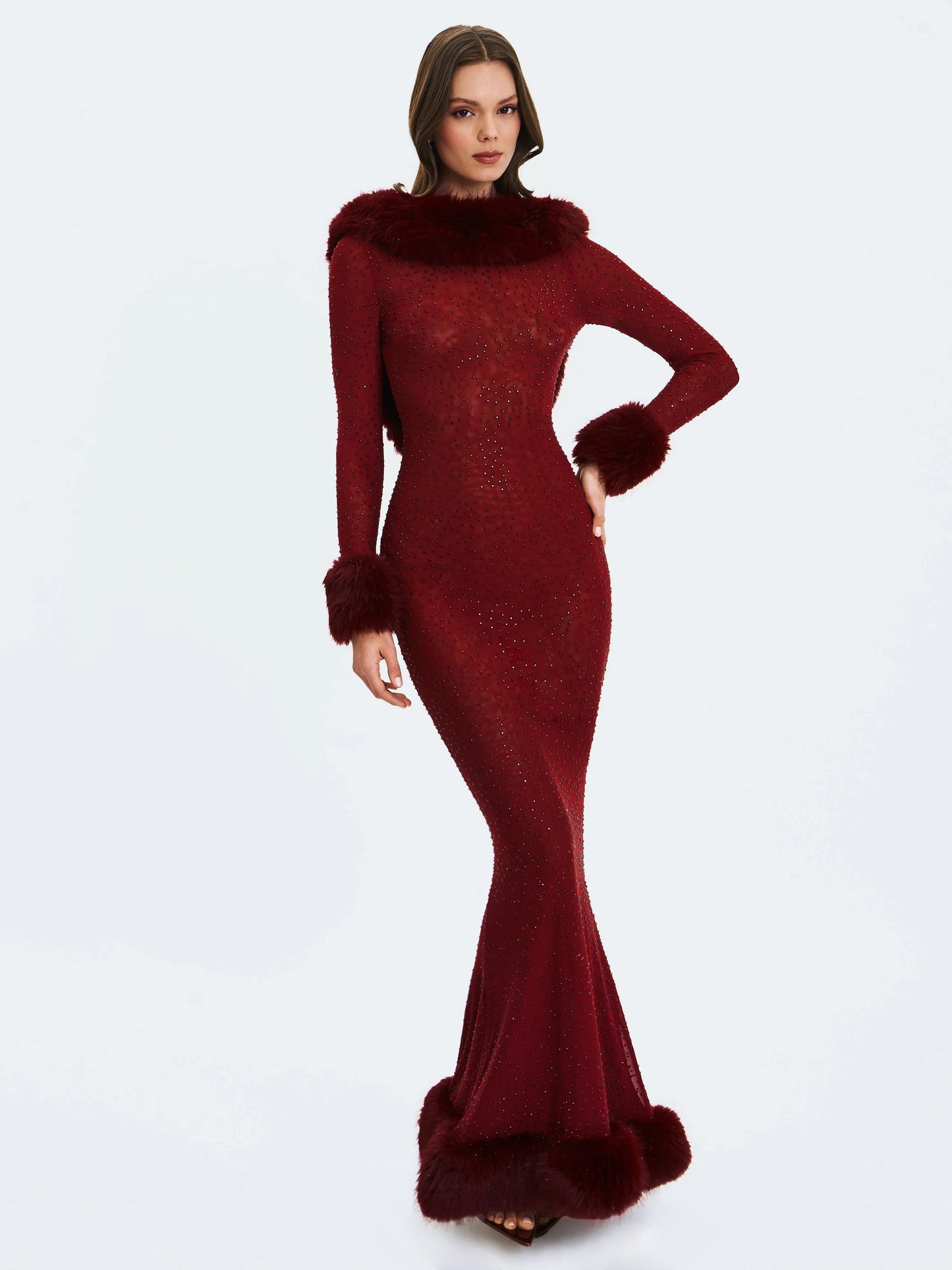 Mellie Burgundy Regular-Length Rhinestone Mesh Low Back Mermaid Gown - Miss Circle - Flyclothing LLC