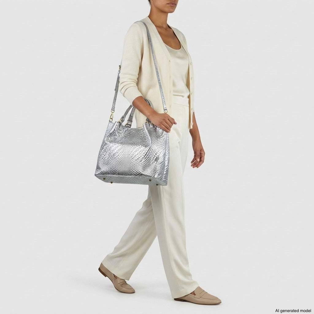 Italian Genuine Basketweave-Embossed Metallic Suede Top-Handle Bag | Imperia - TAKEASY - Flyclothing LLC