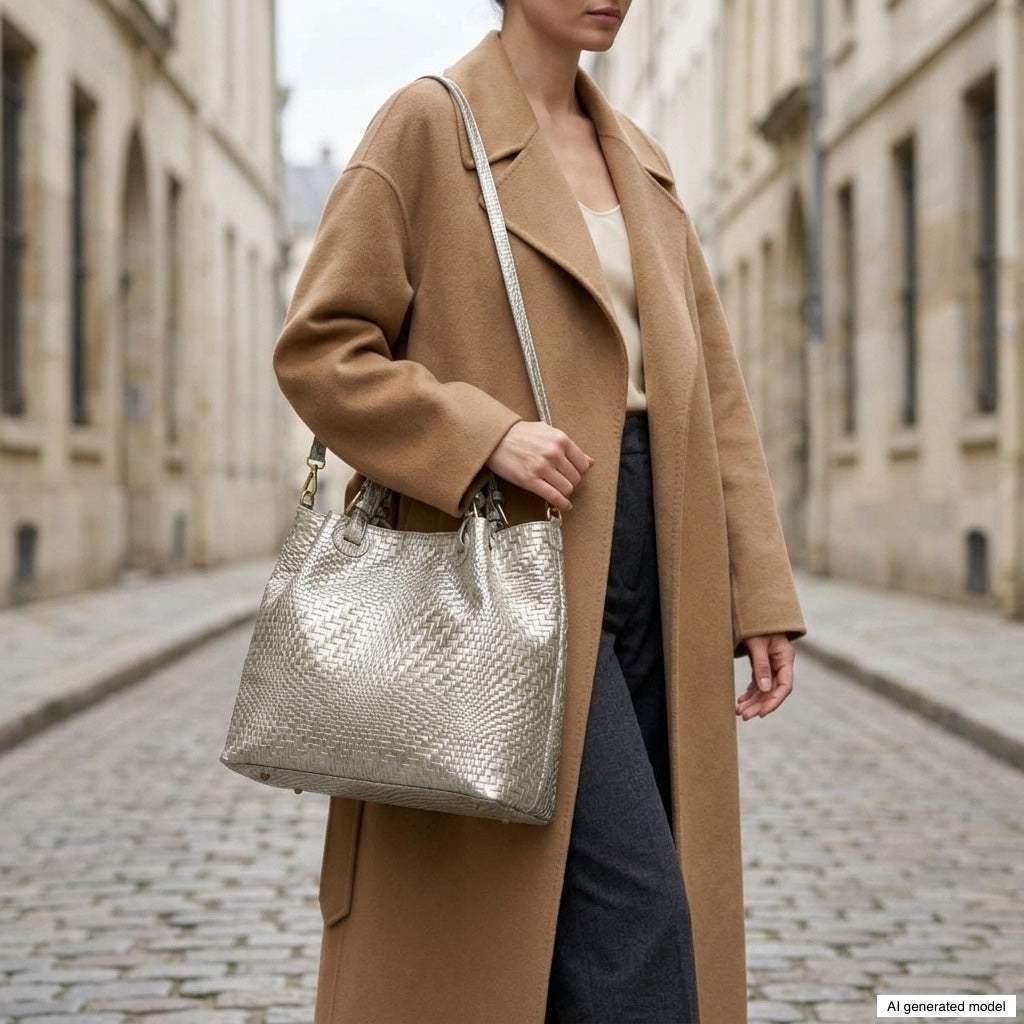 Italian Genuine Basketweave-Embossed Metallic Suede Top-Handle Bag | Imperia - TAKEASY - Flyclothing LLC
