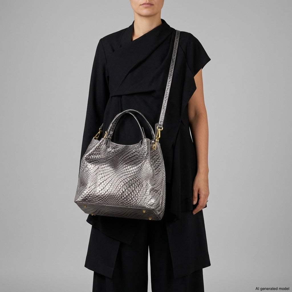 Italian Genuine Basketweave-Embossed Metallic Suede Top-Handle Bag | Imperia - TAKEASY - Flyclothing LLC