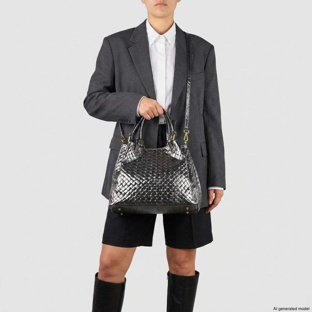 Italian Genuine Woven-Embossed Metallic Suede Top-Handle Bag | Savona - TAKEASY - Flyclothing LLC