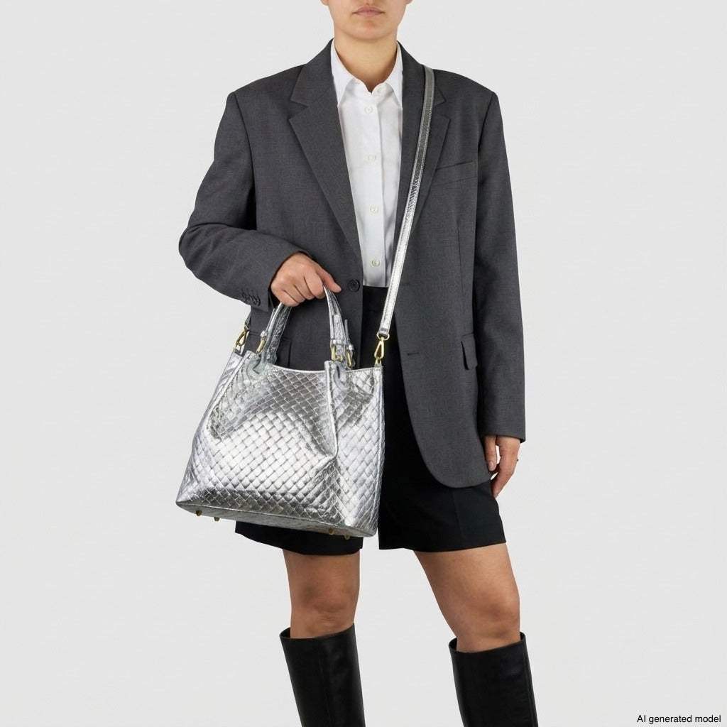 Italian Genuine Woven-Embossed Metallic Suede Top-Handle Bag | Savona - TAKEASY - Flyclothing LLC