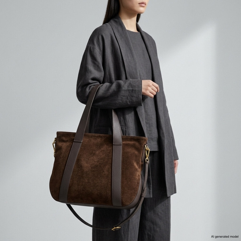 Italian Genuine Suede & Full-Grain Leather Tote Bag | Varese - TAKEASY - Flyclothing LLC