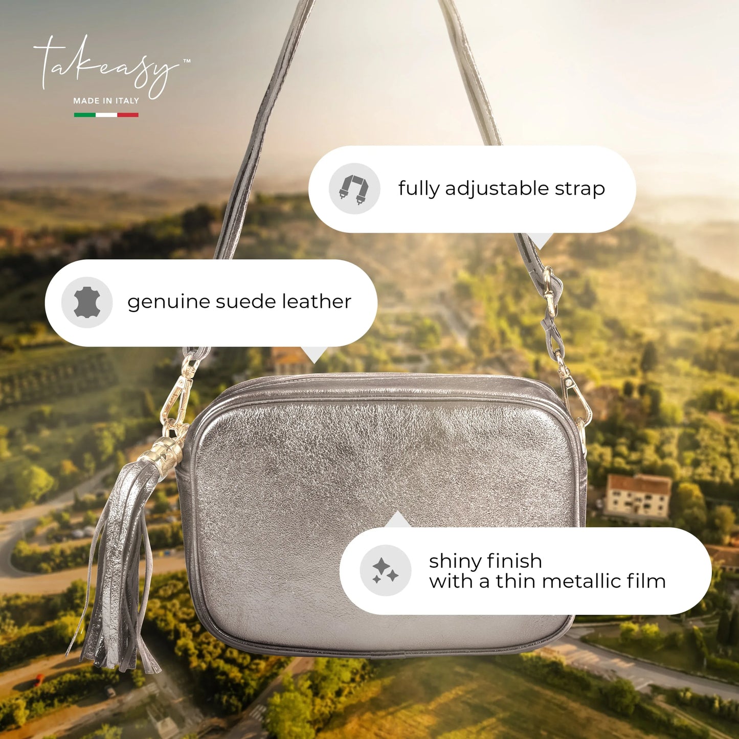 Metallic Suede Leather Crossbody Bag - TAKEASY - Flyclothing LLC