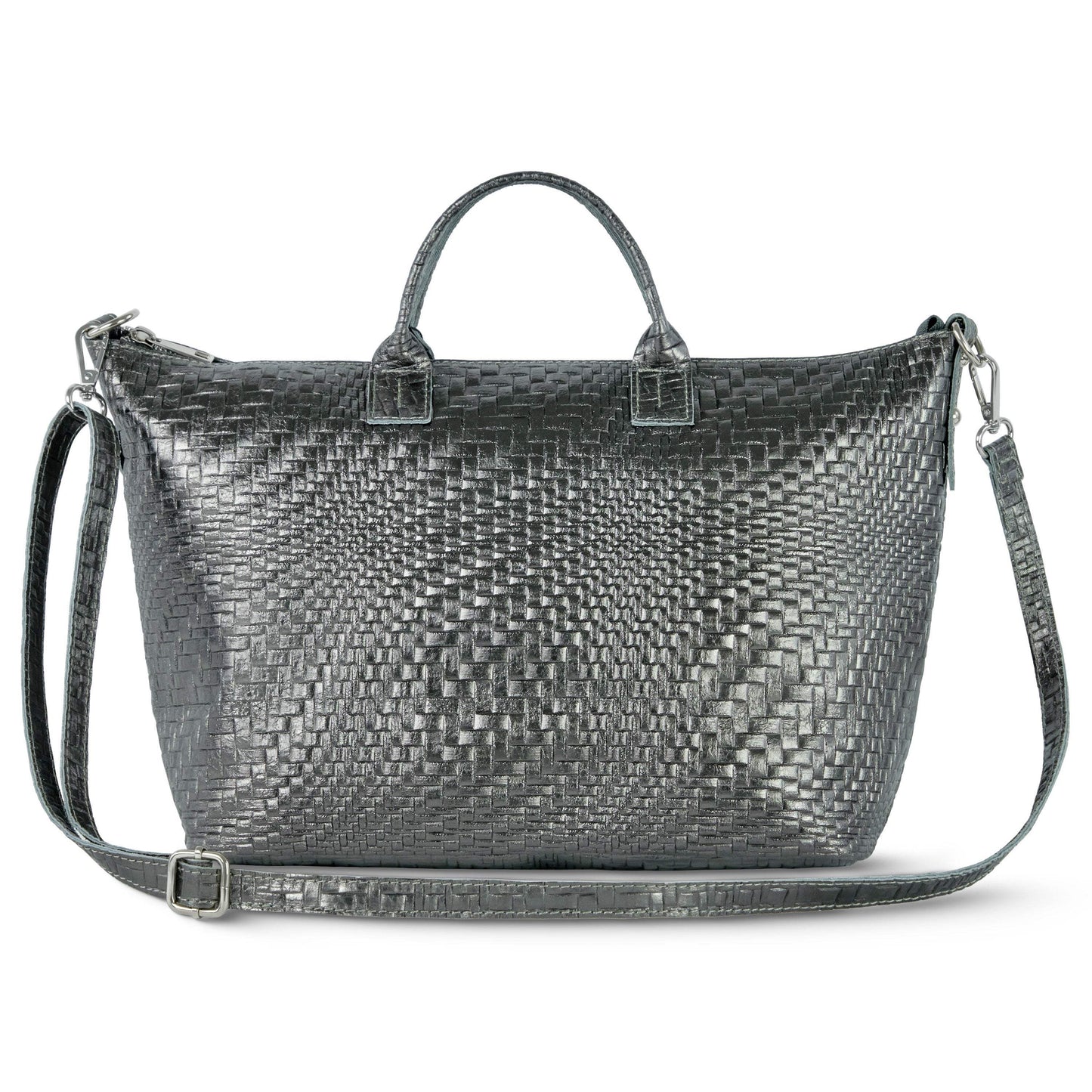 Italian Genuine Basketweave-Embossed Metallic Suede Top-Handle Bag | Treviso