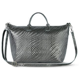 Italian Genuine Basketweave-Embossed Metallic Suede Top-Handle Bag | Treviso