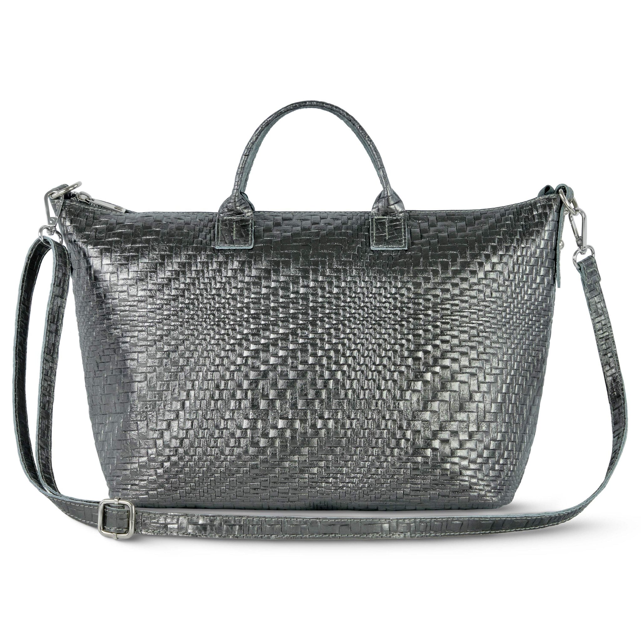 Italian Genuine Basketweave-Embossed Metallic Suede Top-Handle Bag | Treviso