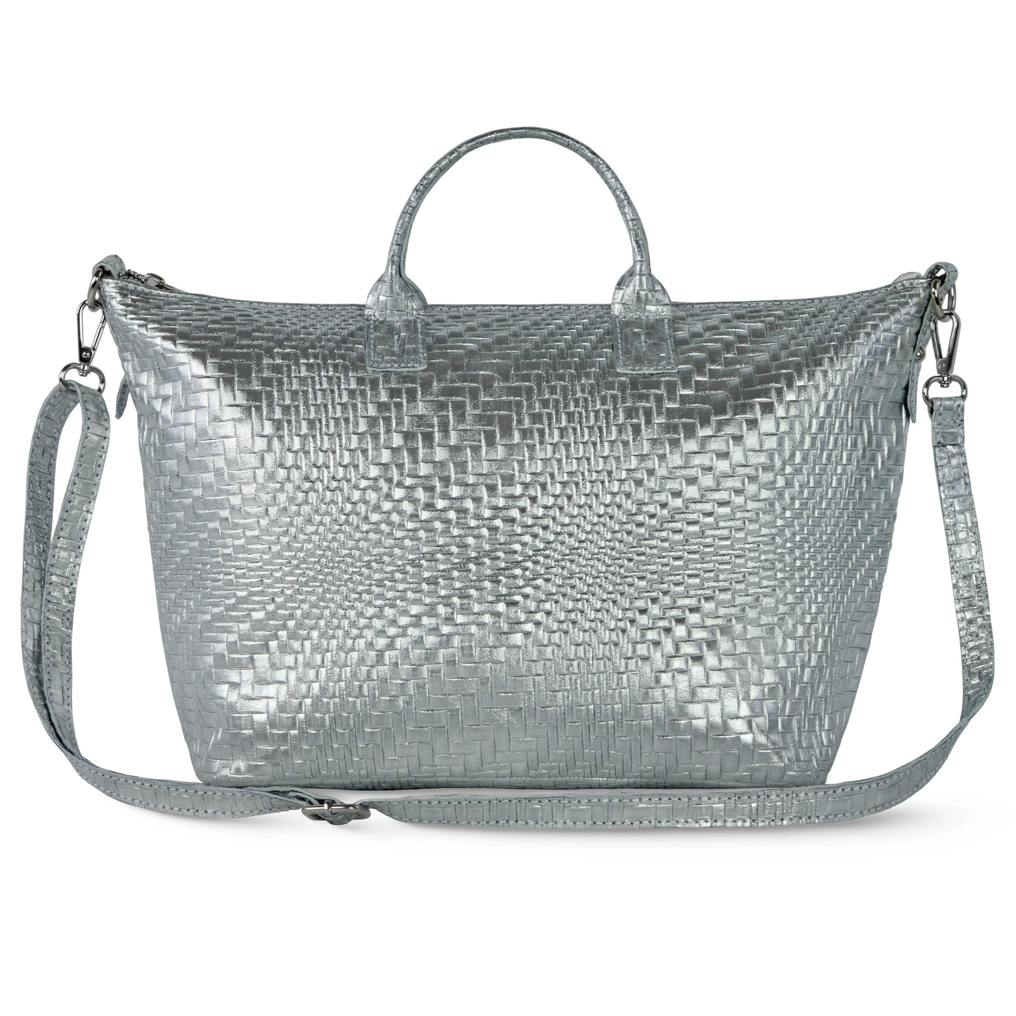 Italian Genuine Basketweave-Embossed Metallic Suede Top-Handle Bag | Treviso
