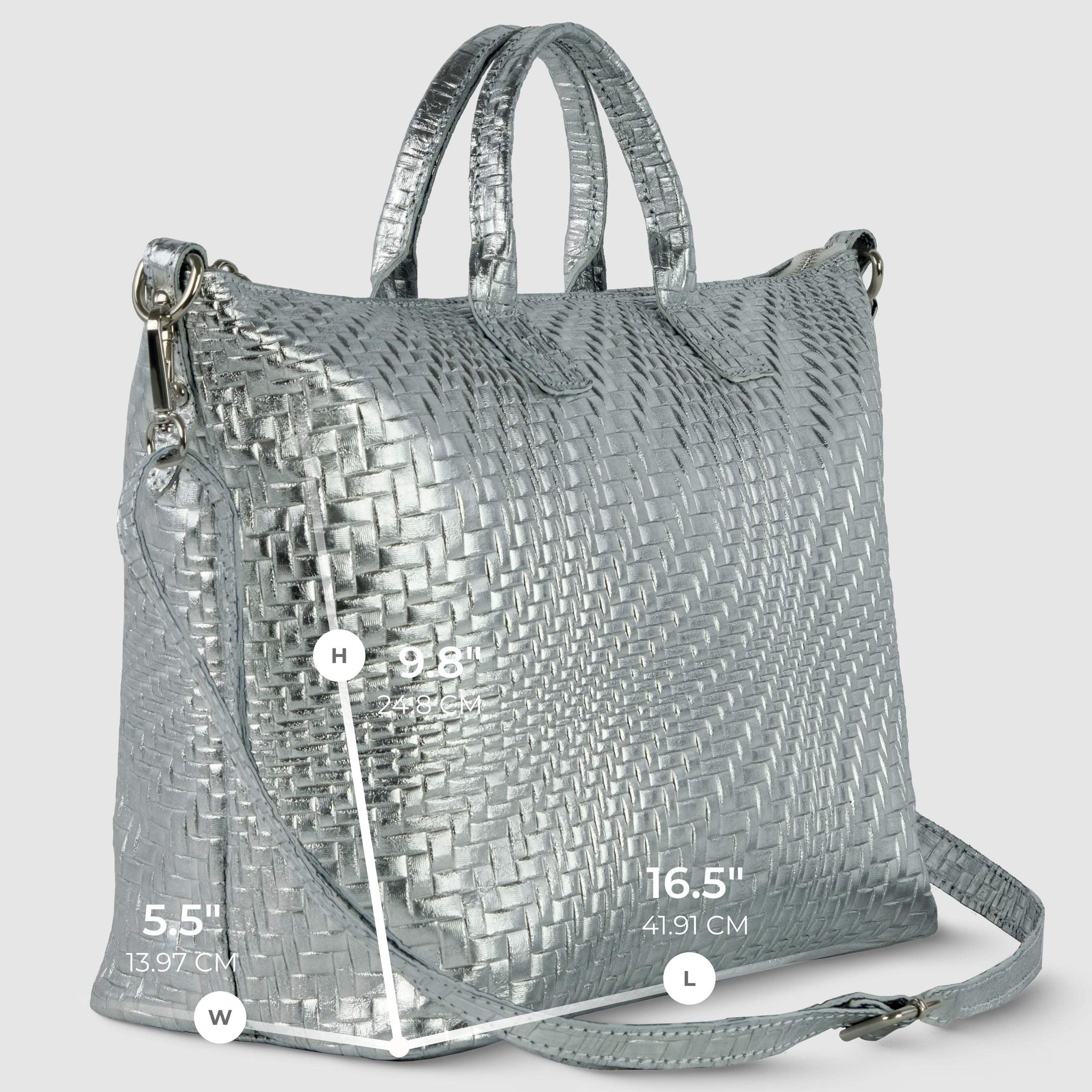 Italian Genuine Basketweave-Embossed Metallic Suede Top-Handle Bag | Treviso