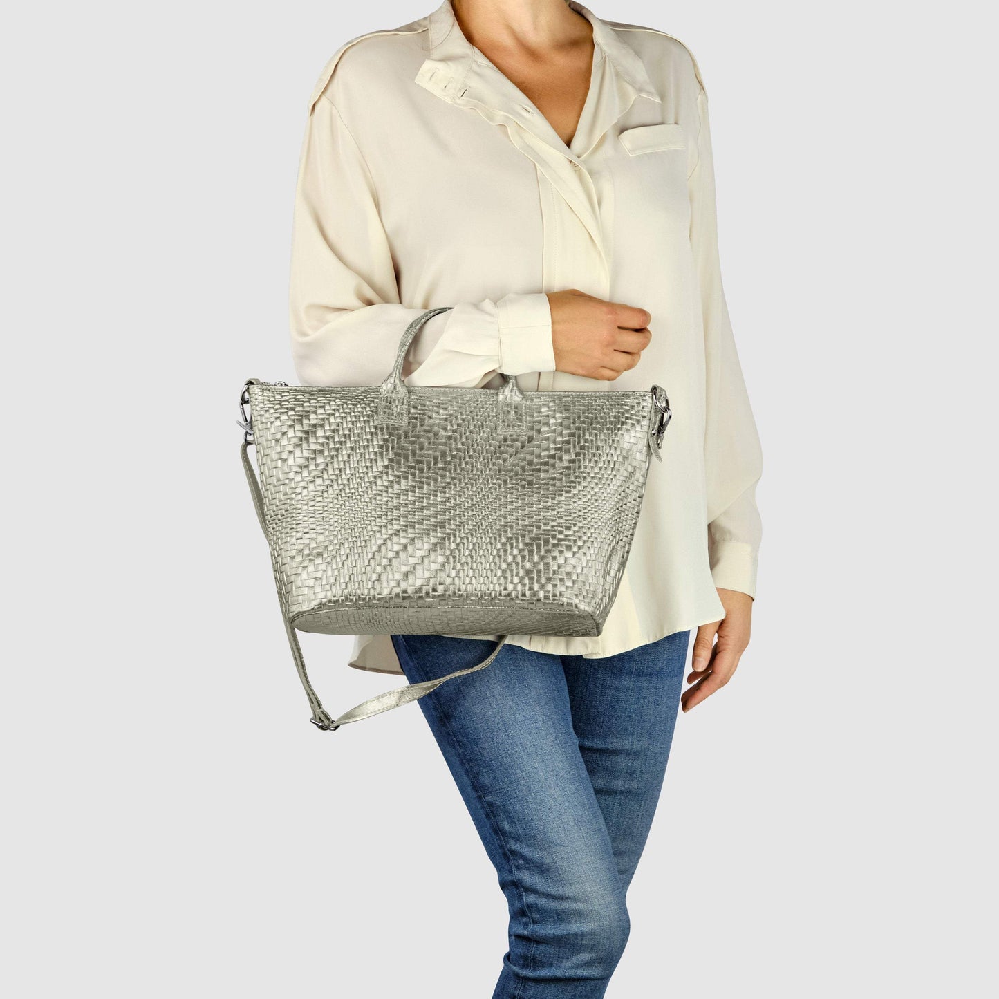 Italian Genuine Basketweave-Embossed Metallic Suede Top-Handle Bag | Treviso - TAKEASY - Flyclothing LLC