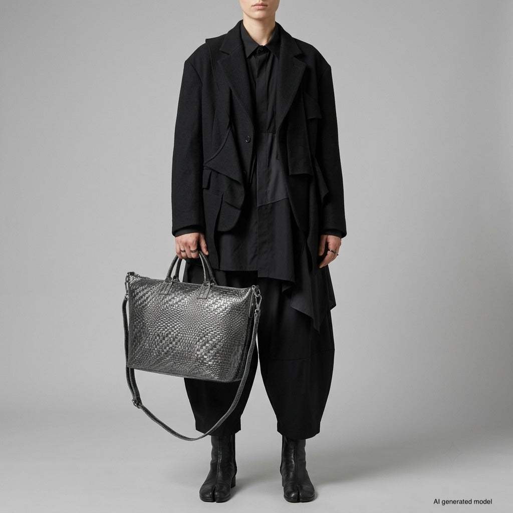 Italian Genuine Basketweave-Embossed Metallic Suede Top-Handle Bag | Treviso