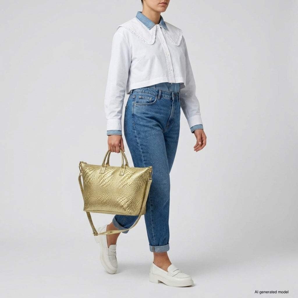 Italian Genuine Basketweave-Embossed Metallic Suede Top-Handle Bag | Treviso