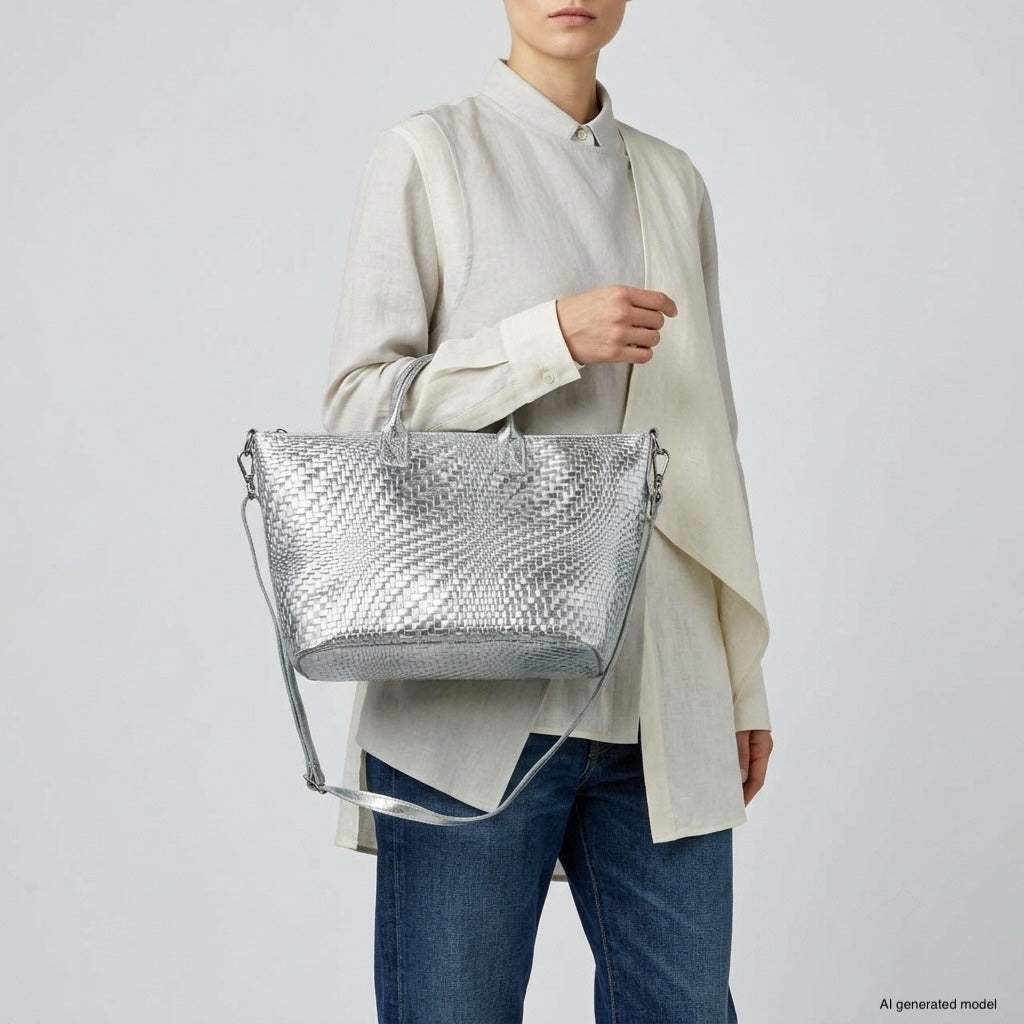 Italian Genuine Basketweave-Embossed Metallic Suede Top-Handle Bag | Treviso