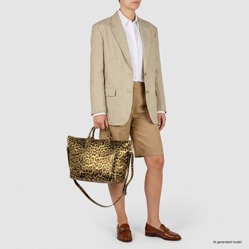 Italian Genuine Leopard-Print Metallic Suede Top-Handle Bag 112334 - TAKEASY - Flyclothing LLC