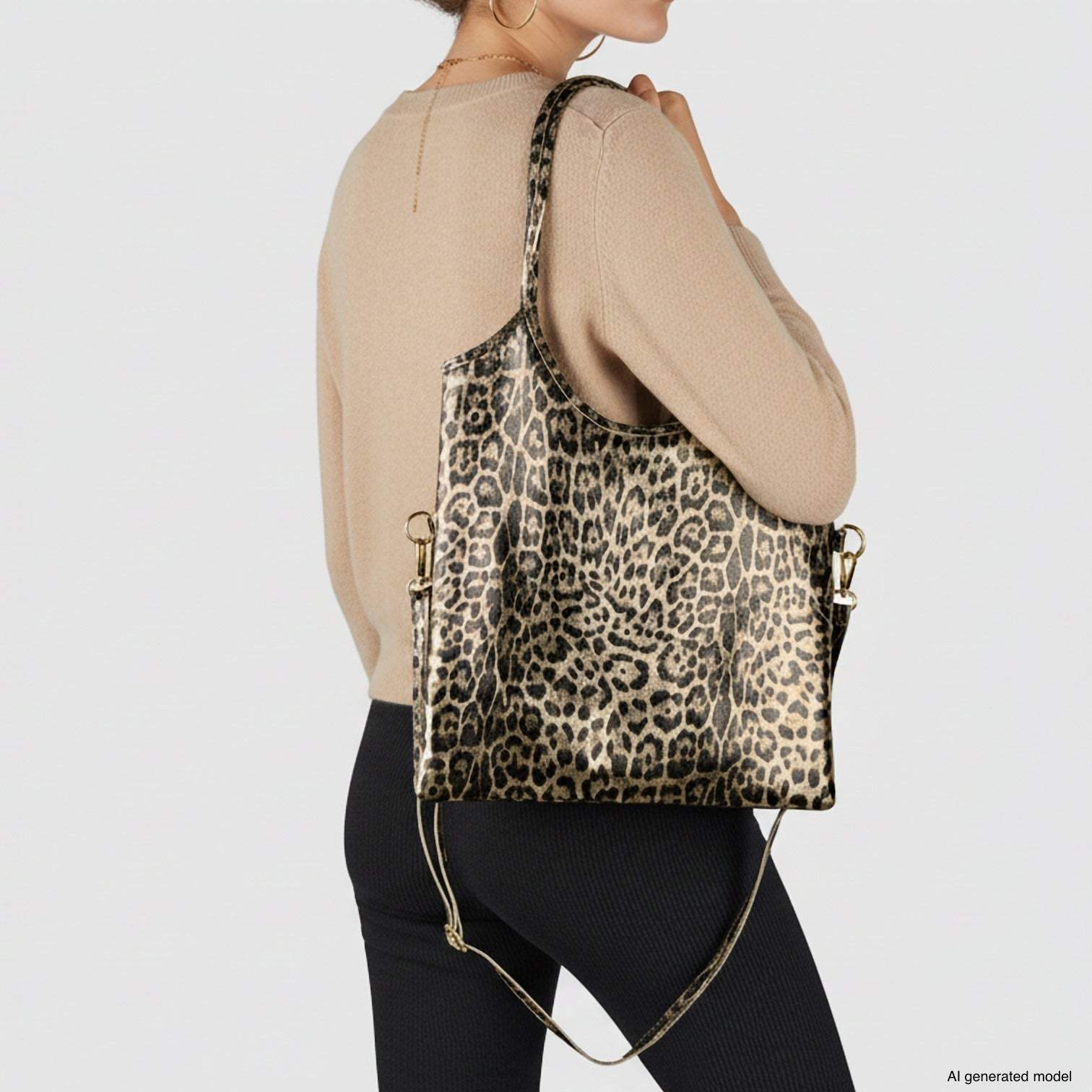 Italian Genuine Leopard-Print Metallic Suede Tote Bag 191722