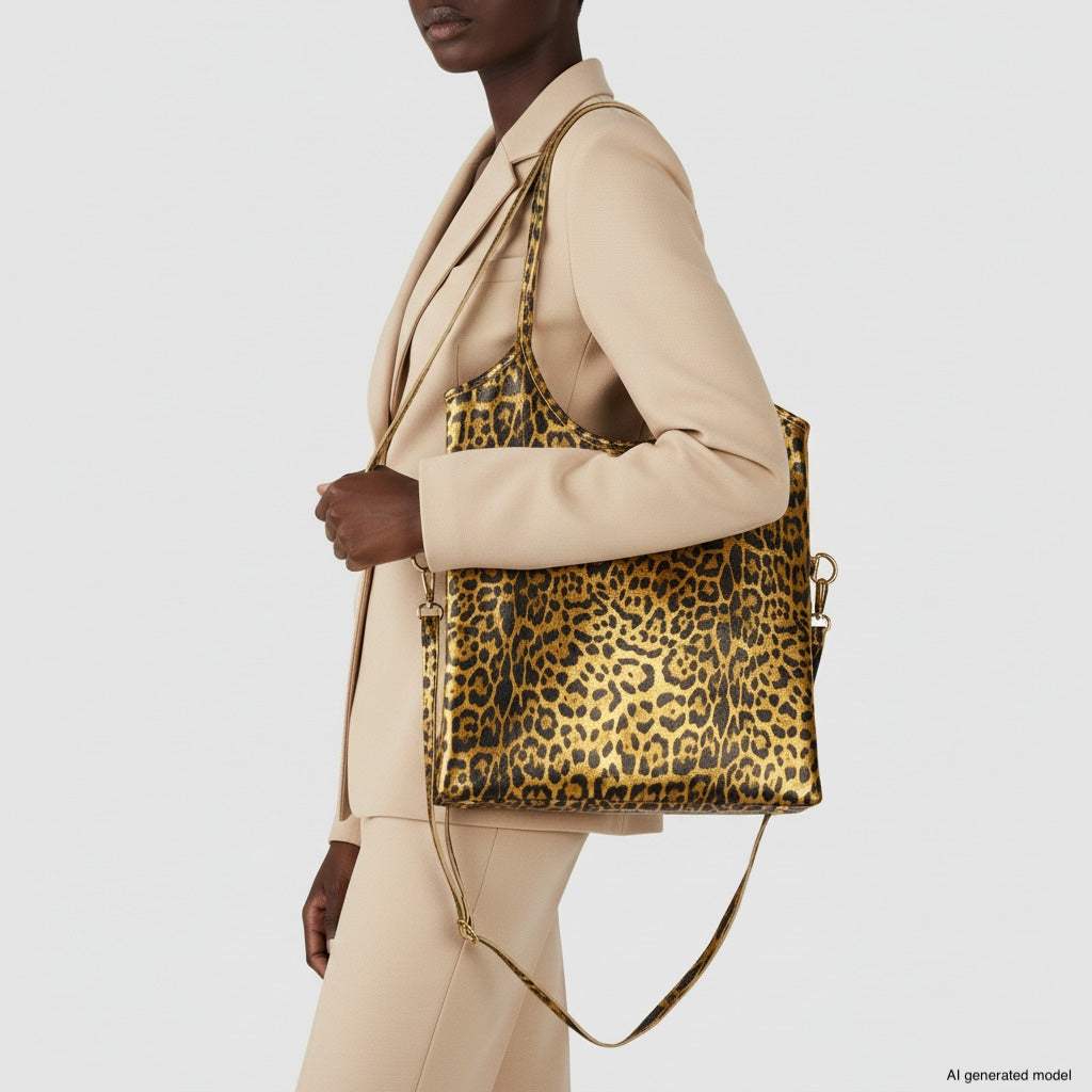 Italian Genuine Leopard-Print Metallic Suede Tote Bag 191722