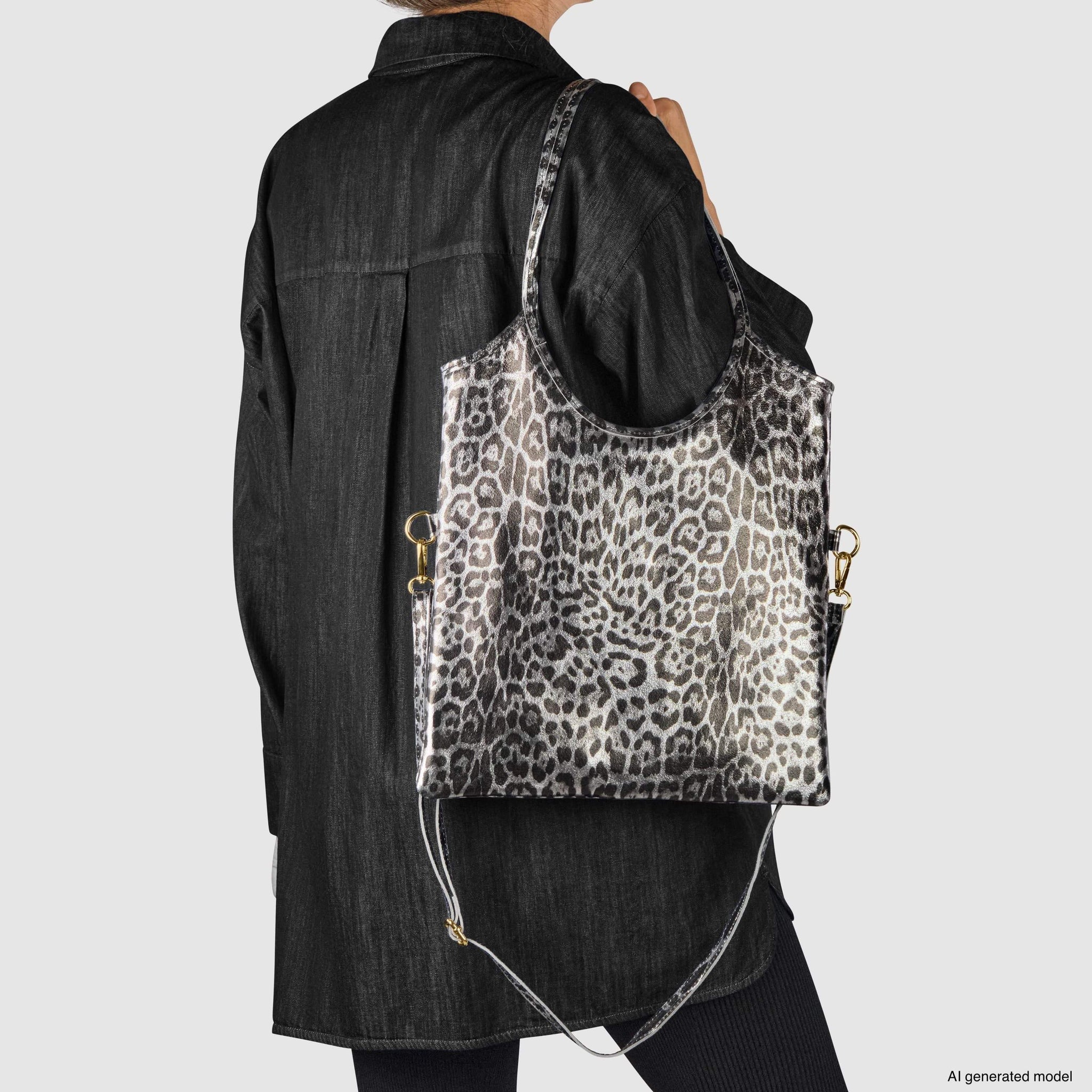 Italian Genuine Leopard-Print Metallic Suede Tote Bag 191722