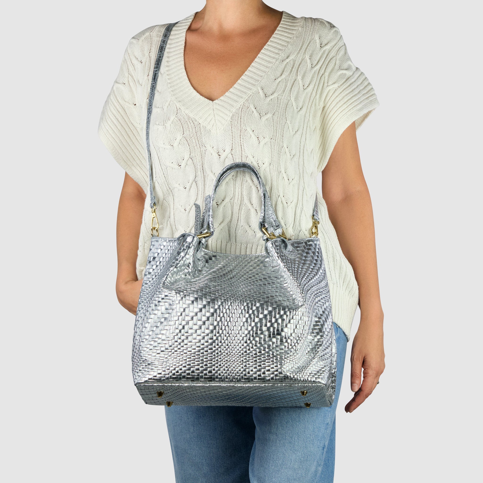 Italian Genuine Grid Metallic Suede Top-Handle Bag 112615 - TAKEASY - Flyclothing LLC