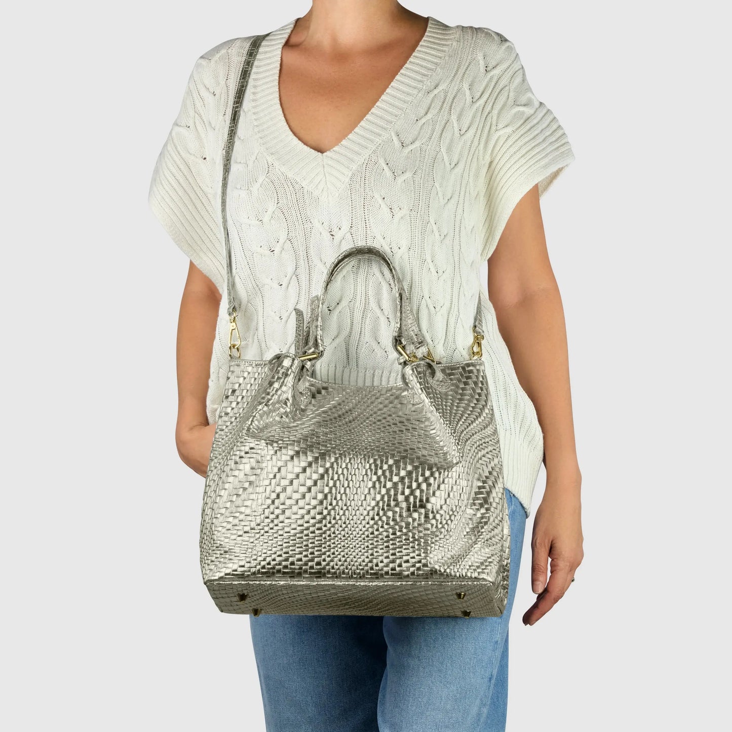 Italian Genuine Grid Metallic Suede Top-Handle Bag 112615 - TAKEASY - Flyclothing LLC