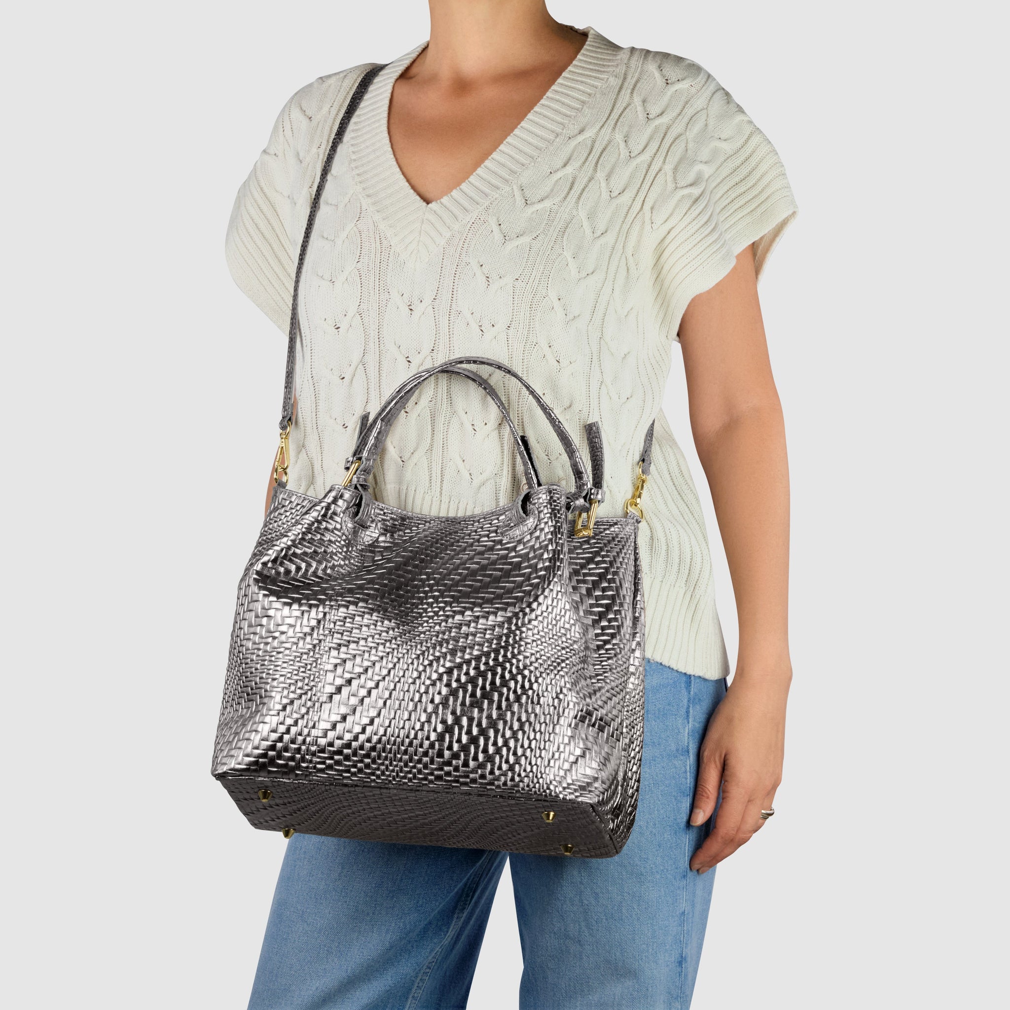 Italian Genuine Grid Metallic Suede Top-Handle Bag 112615 - TAKEASY - Flyclothing LLC