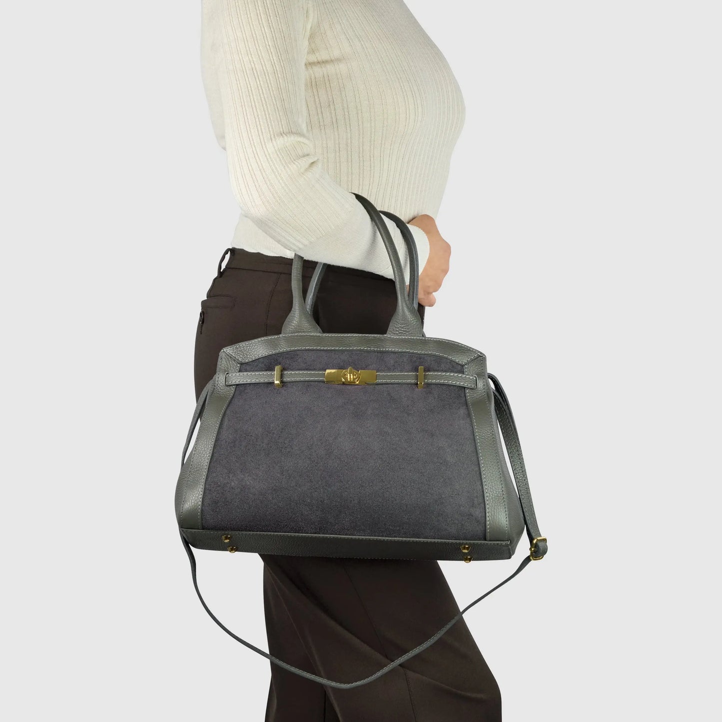 Italian Genuine Suede & Calf Leather Top-Handle Bag 333155 - TAKEASY - Flyclothing LLC