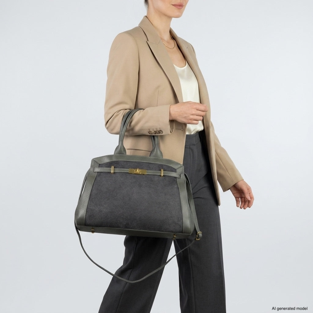 Italian Genuine Suede & Calf Leather Top-Handle Bag 333155