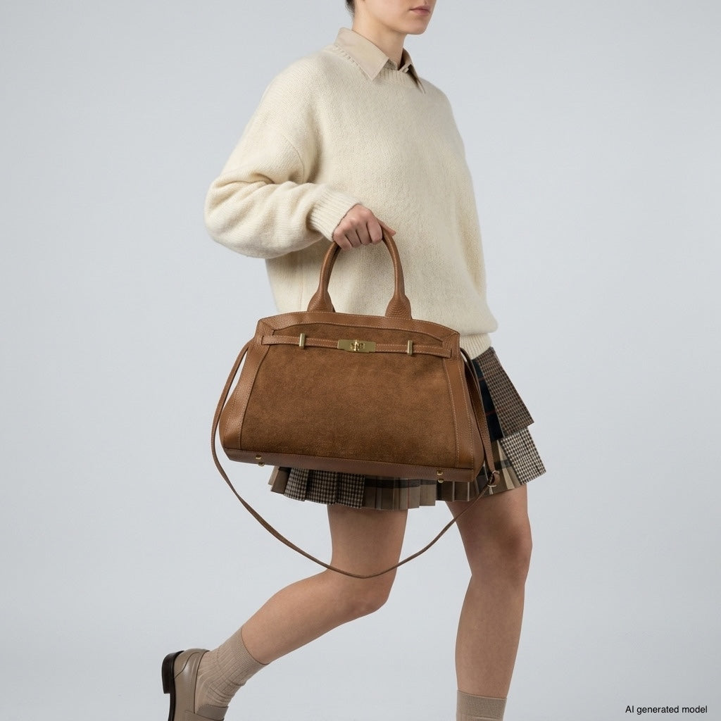 Italian Genuine Suede & Calf Leather Top-Handle Bag 333155