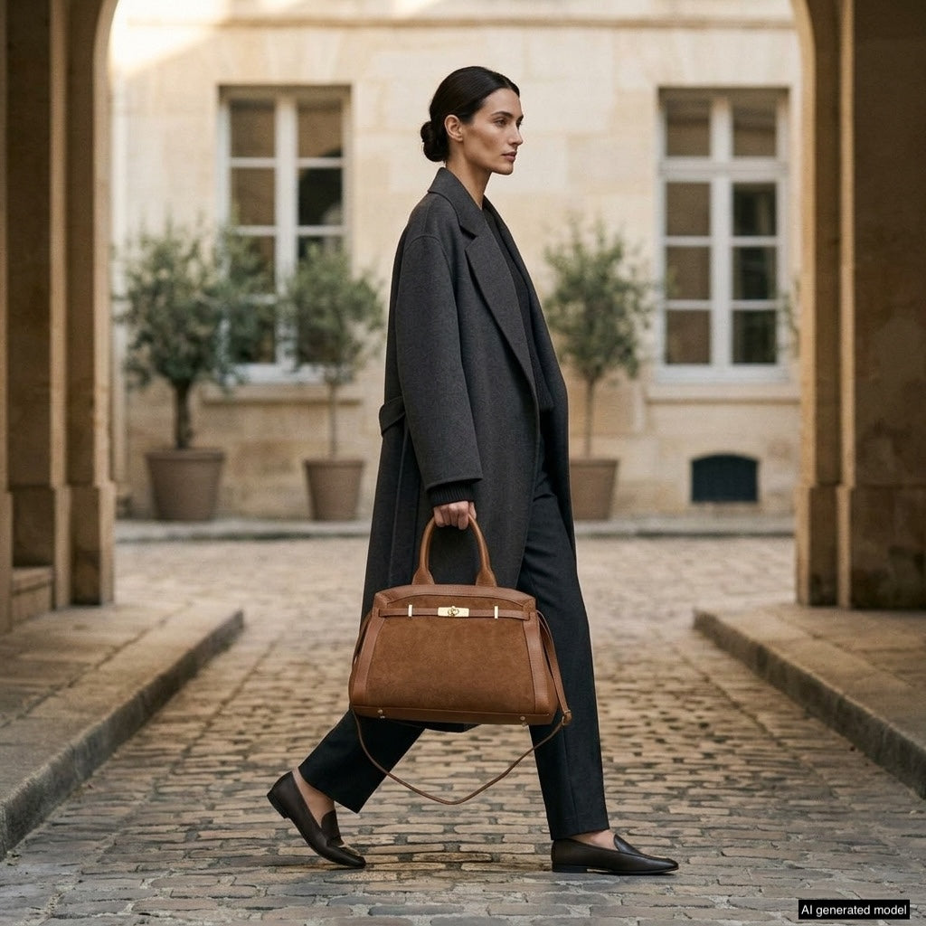 Italian Genuine Suede & Calf Leather Top-Handle Bag 333155