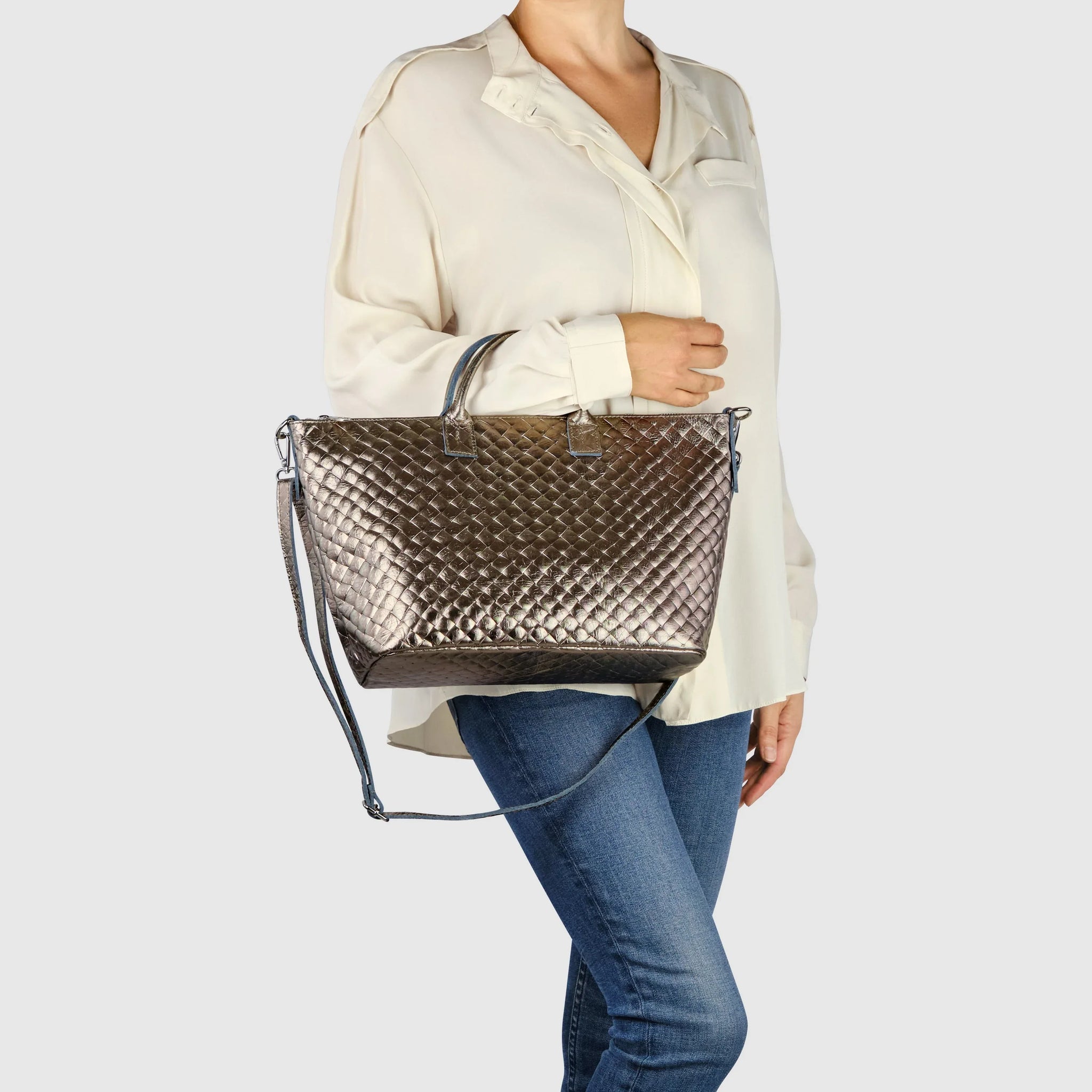 Weave Metallic Suede Leather Top-Handle Bag - TAKEASY - Flyclothing LLC