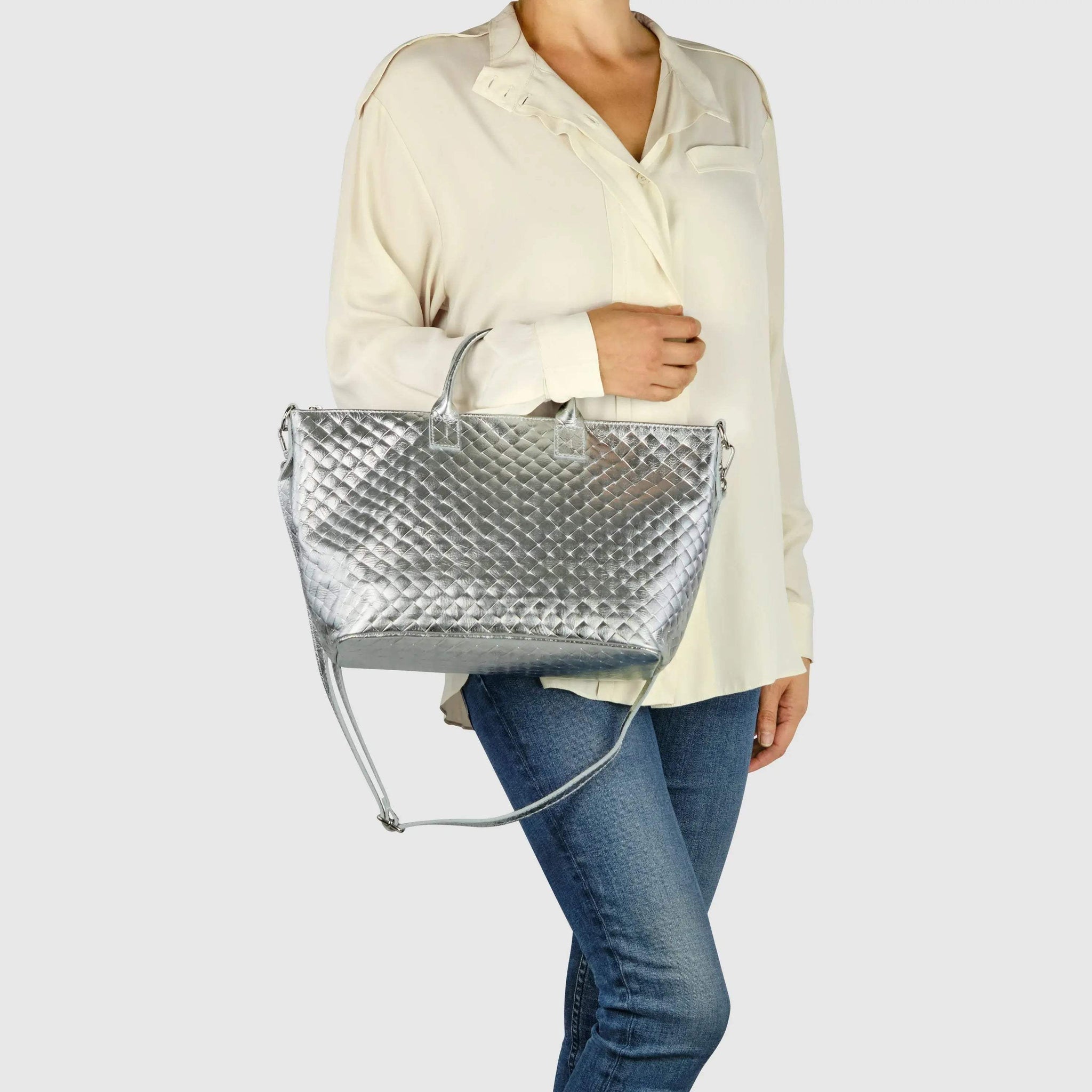 Italian Genuine Weave Metallic Suede Top-Handle Bag 112334 - TAKEASY - Flyclothing LLC