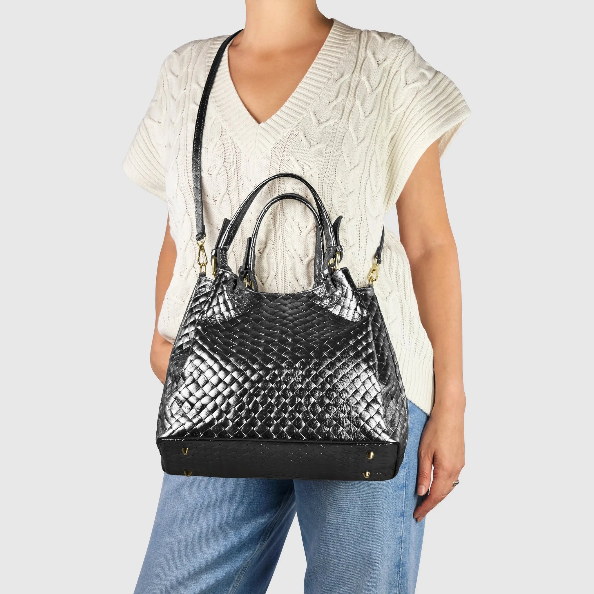 Italian Genuine Weave Metallic Suede Top-Handle Bag 112615 - TAKEASY - Flyclothing LLC