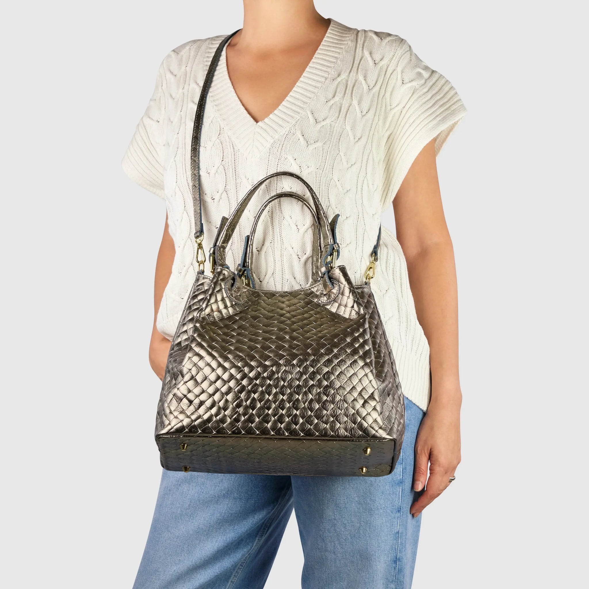 Italian Genuine Weave Metallic Suede Top-Handle Bag 112615 - TAKEASY - Flyclothing LLC