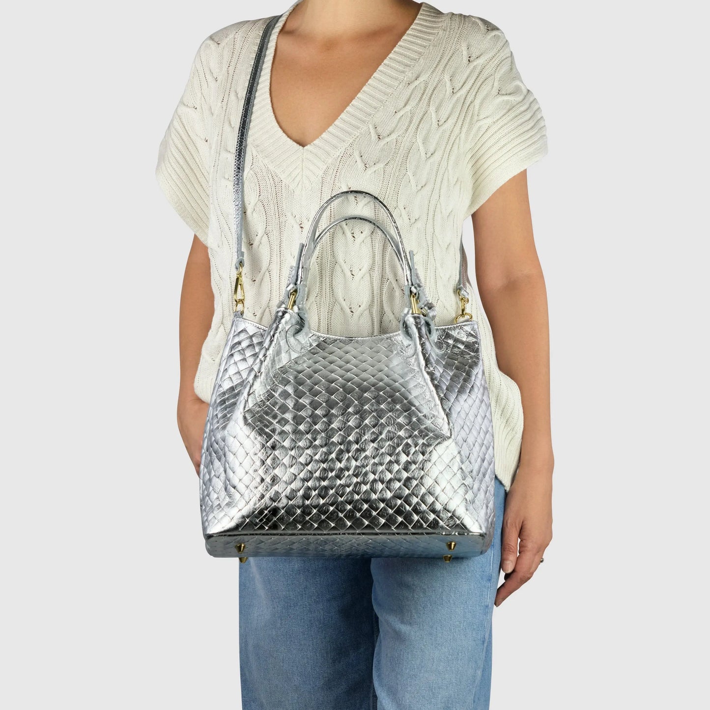 Italian Genuine Weave Metallic Suede Top-Handle Bag 112615 - TAKEASY - Flyclothing LLC