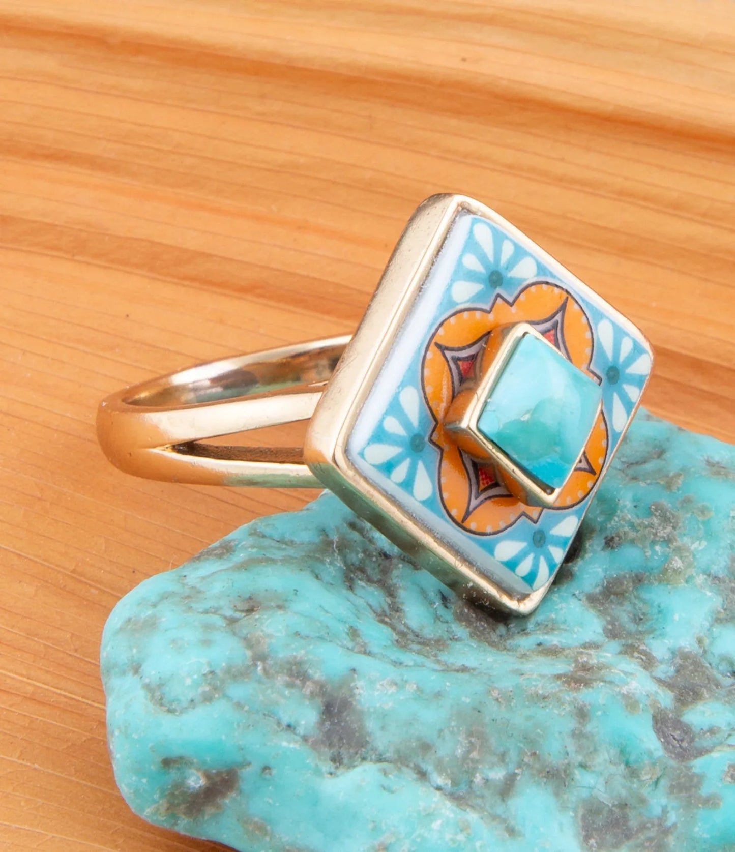Talavera Tile Blue Turquoise Golden Ring - Barse Jewelry - Flyclothing LLC