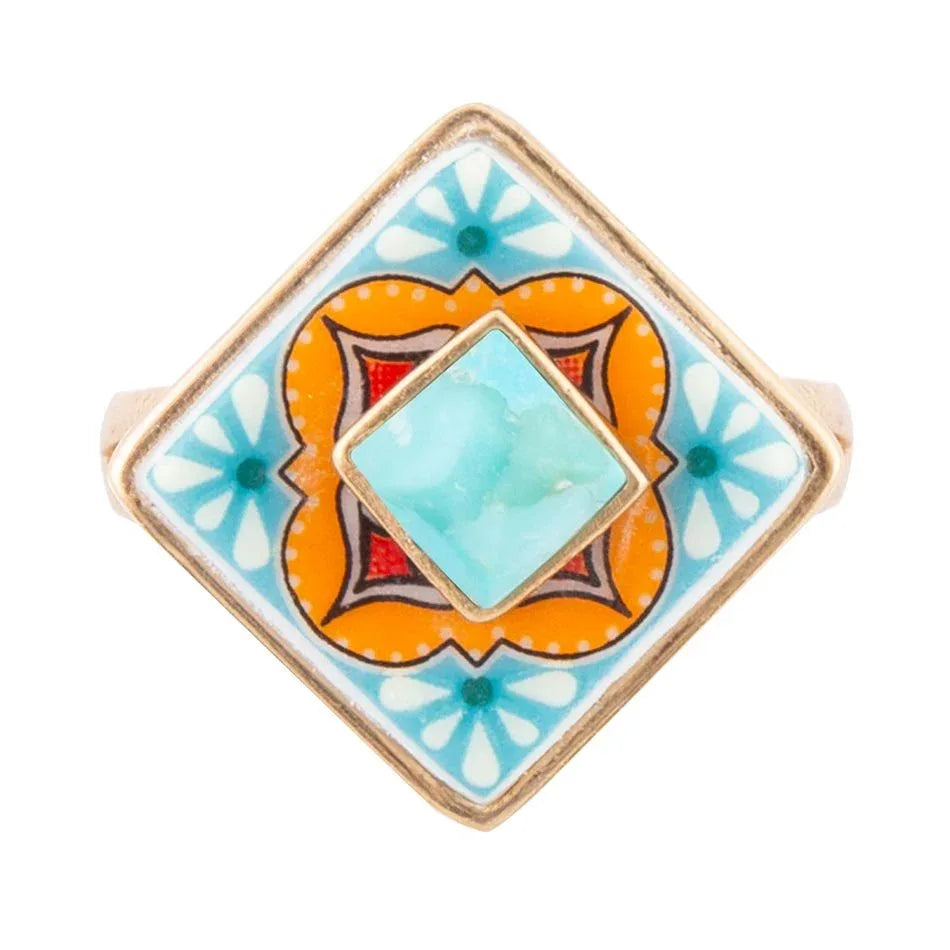 Talavera Tile Blue Turquoise Golden Ring - Barse Jewelry - Flyclothing LLC