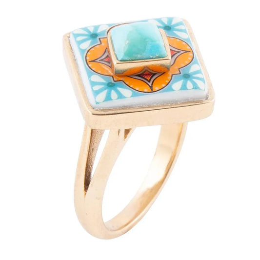 Talavera Tile Blue Turquoise Golden Ring - Barse Jewelry - Flyclothing LLC