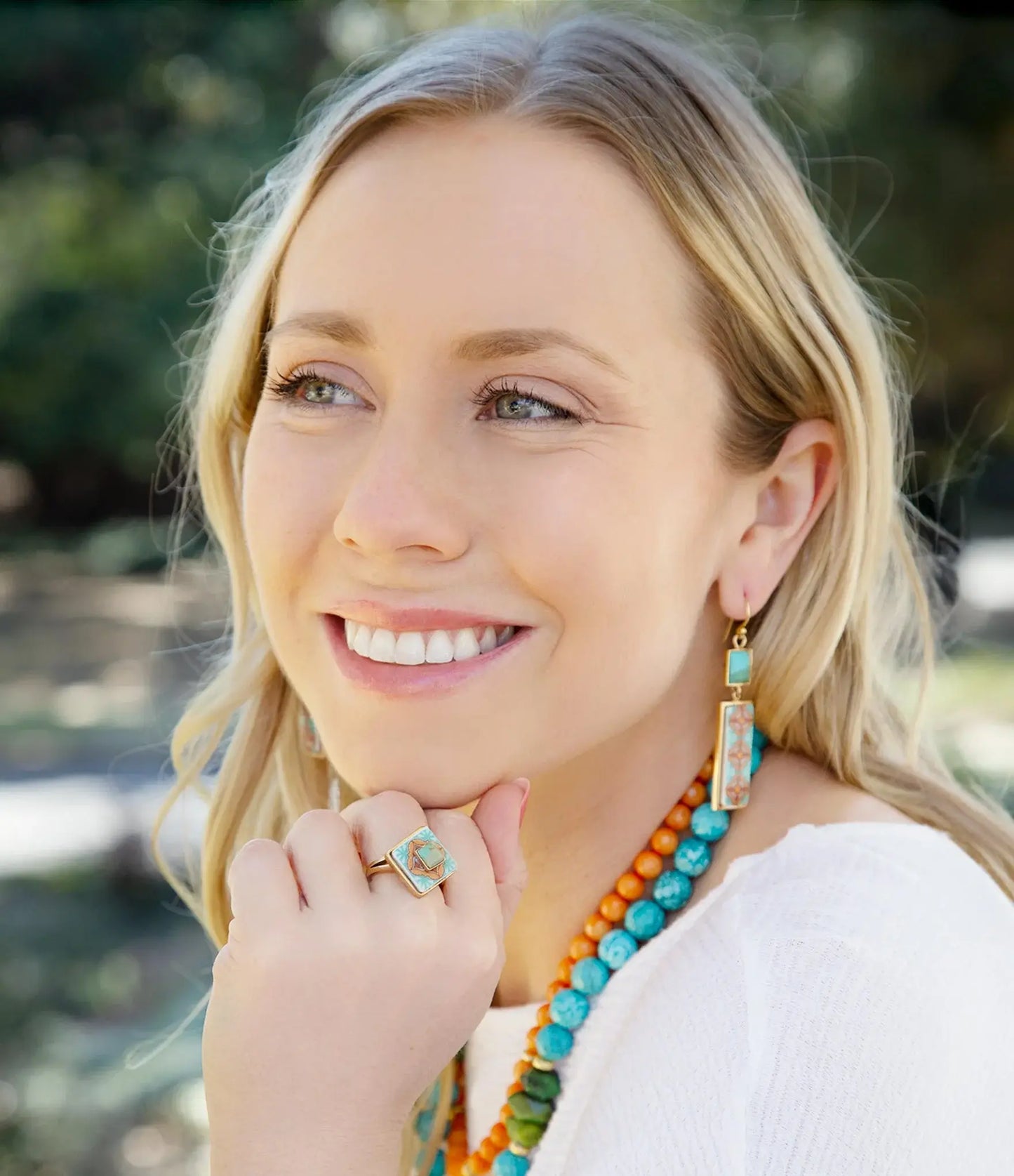 Talavera Tile and Blue Turquoise Golden Dangle Earrings - Barse Jewelry - Flyclothing LLC