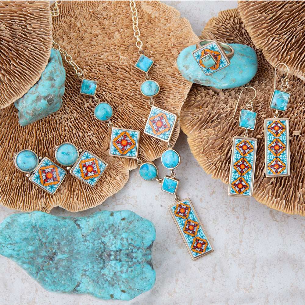 Talavera Tile and Blue Turquoise Golden Dangle Earrings - Barse Jewelry - Flyclothing LLC