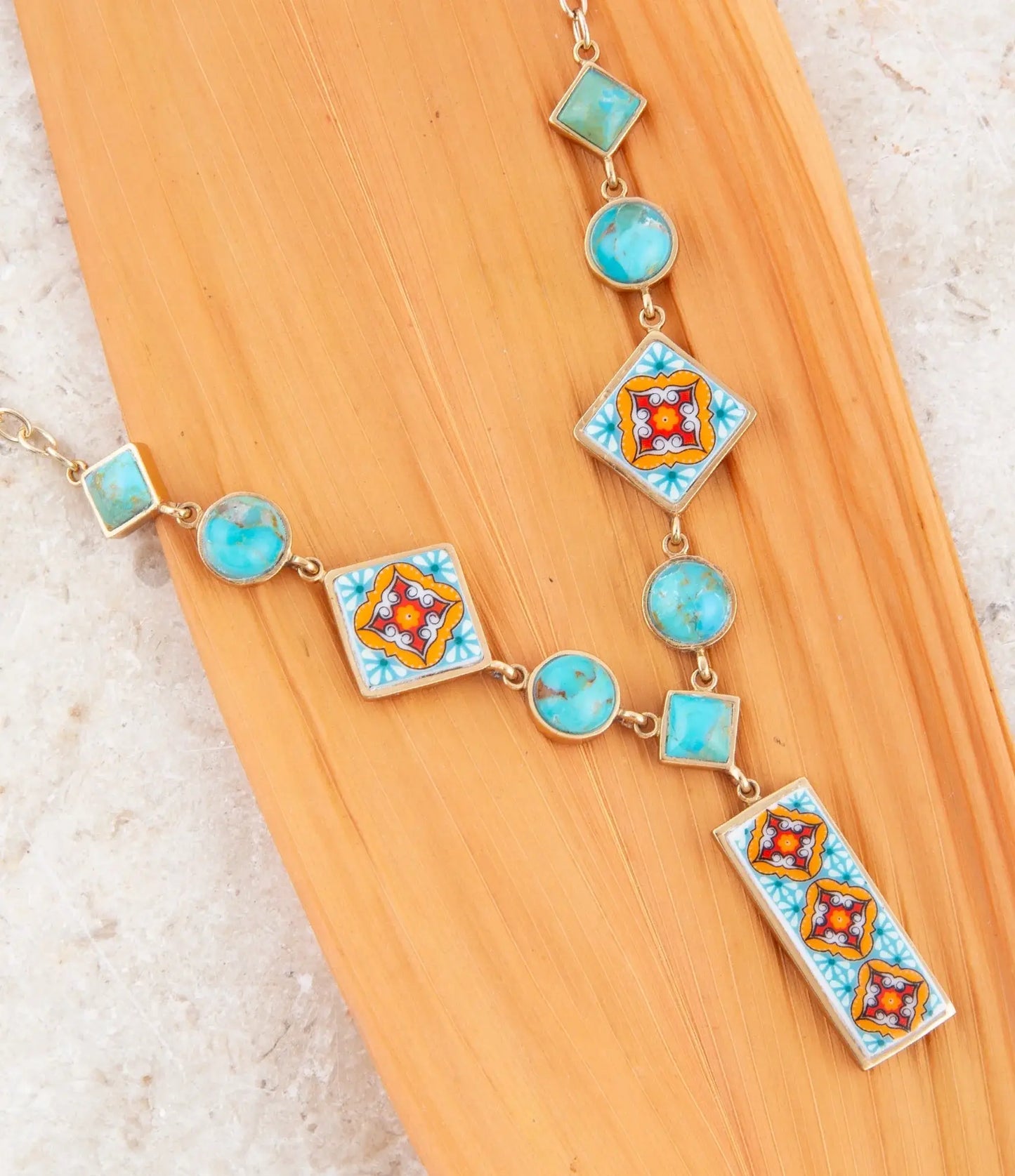 Talavera Tile and Blue Turquoise Golden Y-Neck Necklace - Barse Jewelry - Flyclothing LLC