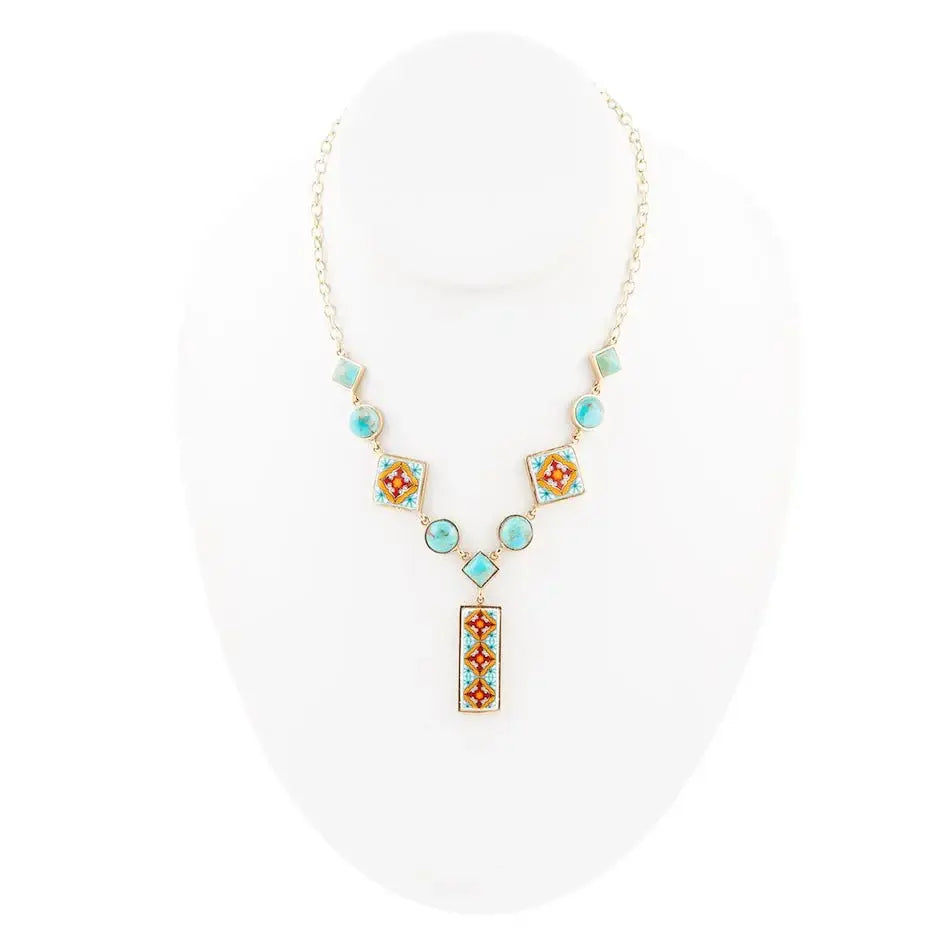 Talavera Tile and Blue Turquoise Golden Y-Neck Necklace - Barse Jewelry - Flyclothing LLC
