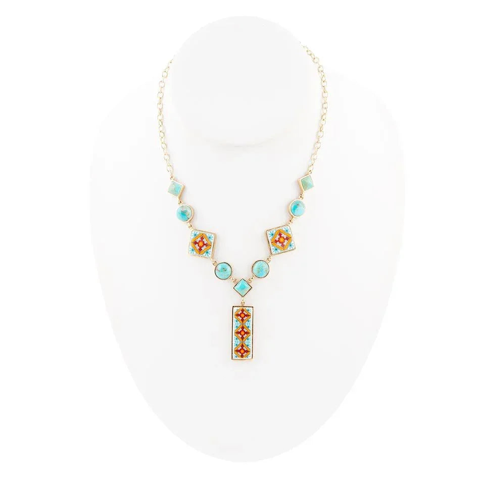 Talavera Tile and Blue Turquoise Golden Y-Neck Necklace - Barse Jewelry - Flyclothing LLC