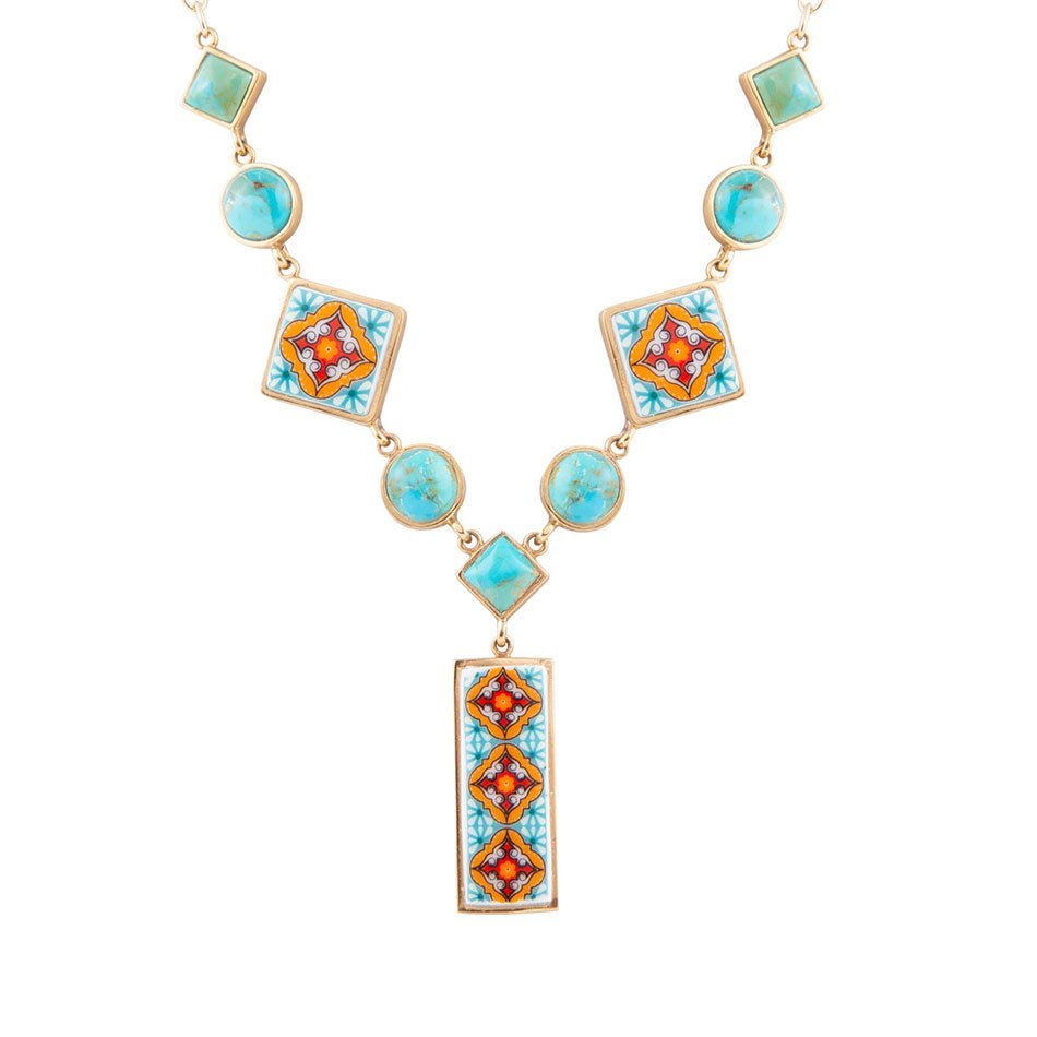 Talavera Tile and Blue Turquoise Golden Y-Neck Necklace - Barse Jewelry